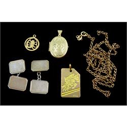 Three 9ct gold pendants, 9ct gold chain and a pair of silver cufflinks
