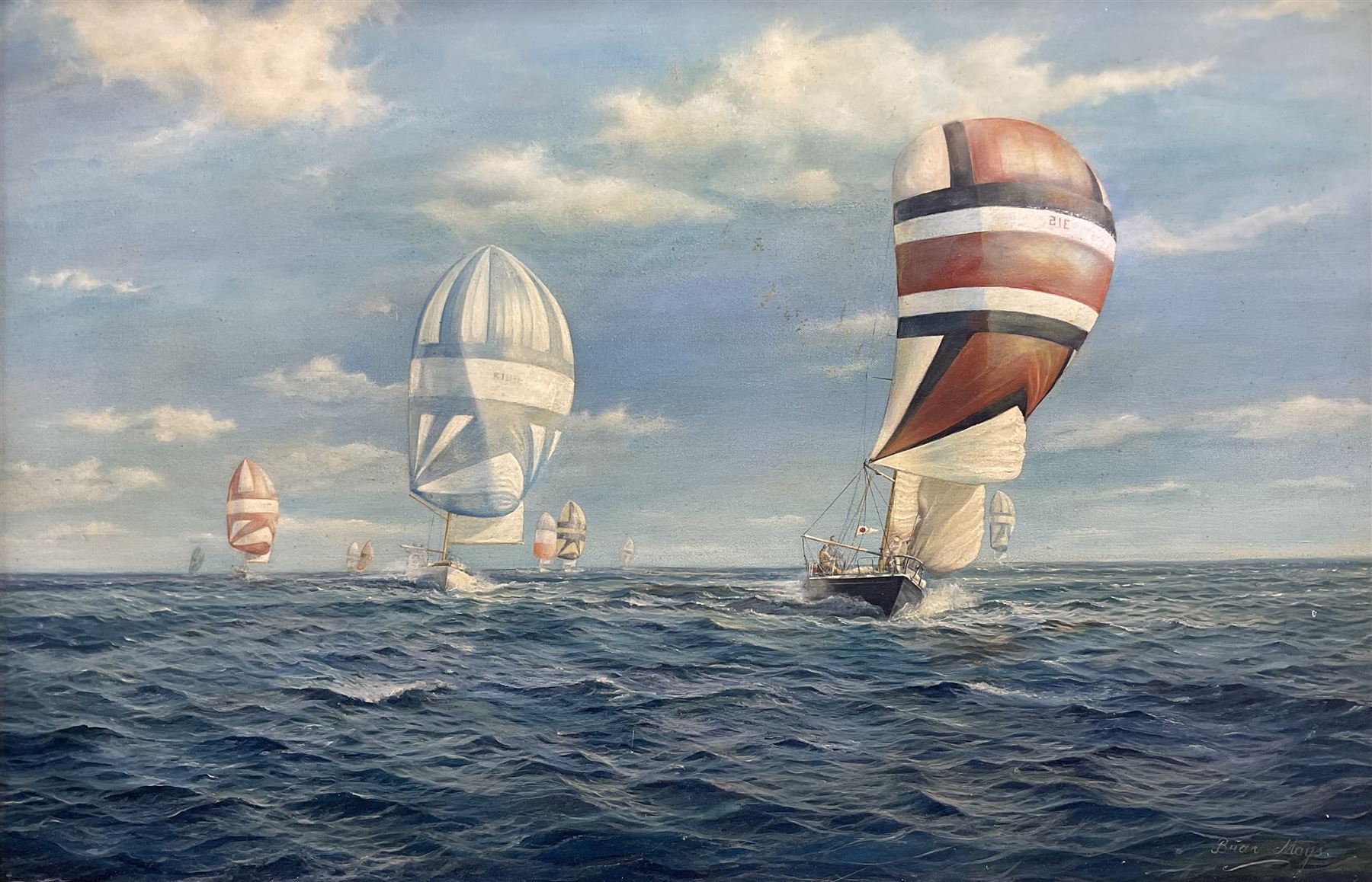 Brian Mays (British 1938-2005): 'Admirals Cup 1963 - Carina Leads', oil on canvas signed, titled verso 49cm x 74cm 
Provenance: direct from the family of the artist.