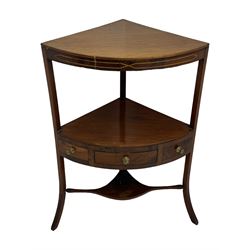 George III mahogany two-tier corner washstand, the inlaid top with geometric border, central drawer flanked by two faux drawers each with brass pull handle, on splayed supports united by shaped under-tier