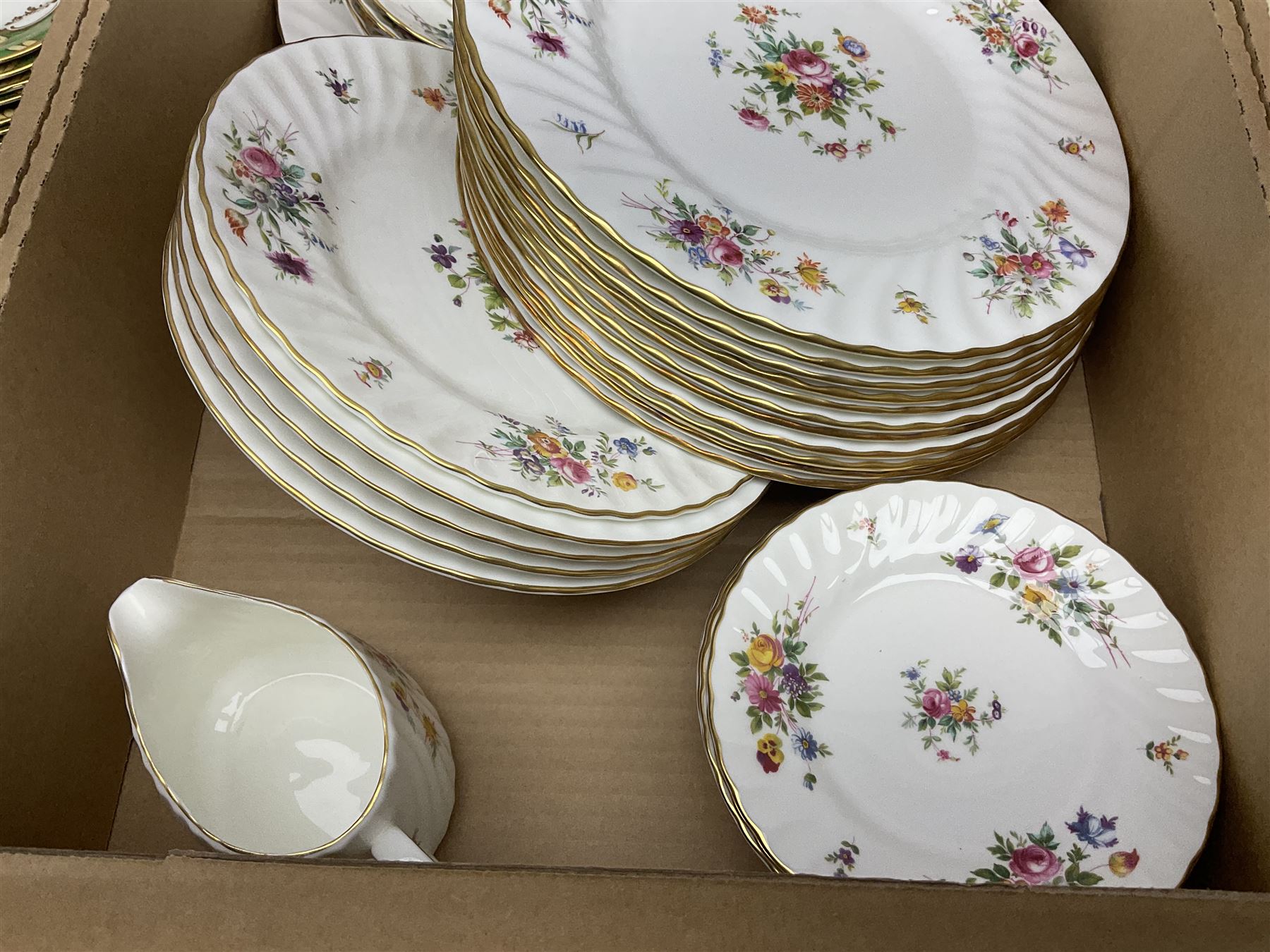 Minton Marlow pattern tea and dinner wares, including dinner plates, side plates, tea cups, cake plate, etc together with Bishops & Stonier 'Bisto' green and gilt tea wares and Maddock Ivory Ware dinner wares, in three boxes