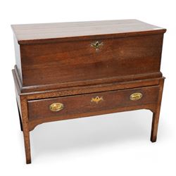 Late 18th century oak blanket box on stand, the box with hinged lid enclosing vacant interior, the stand fitted with single drawer, on square tapering supports 