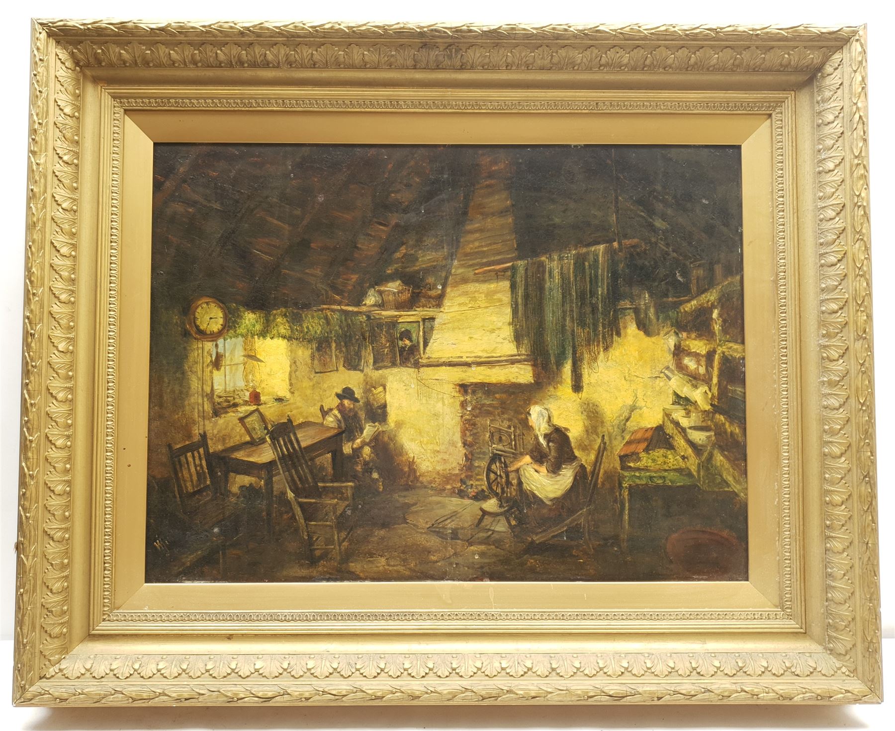 English School (19th century): Spinning Yarn in a Cottage Interior, oil on board indistinctly signed 43cm x 58cm