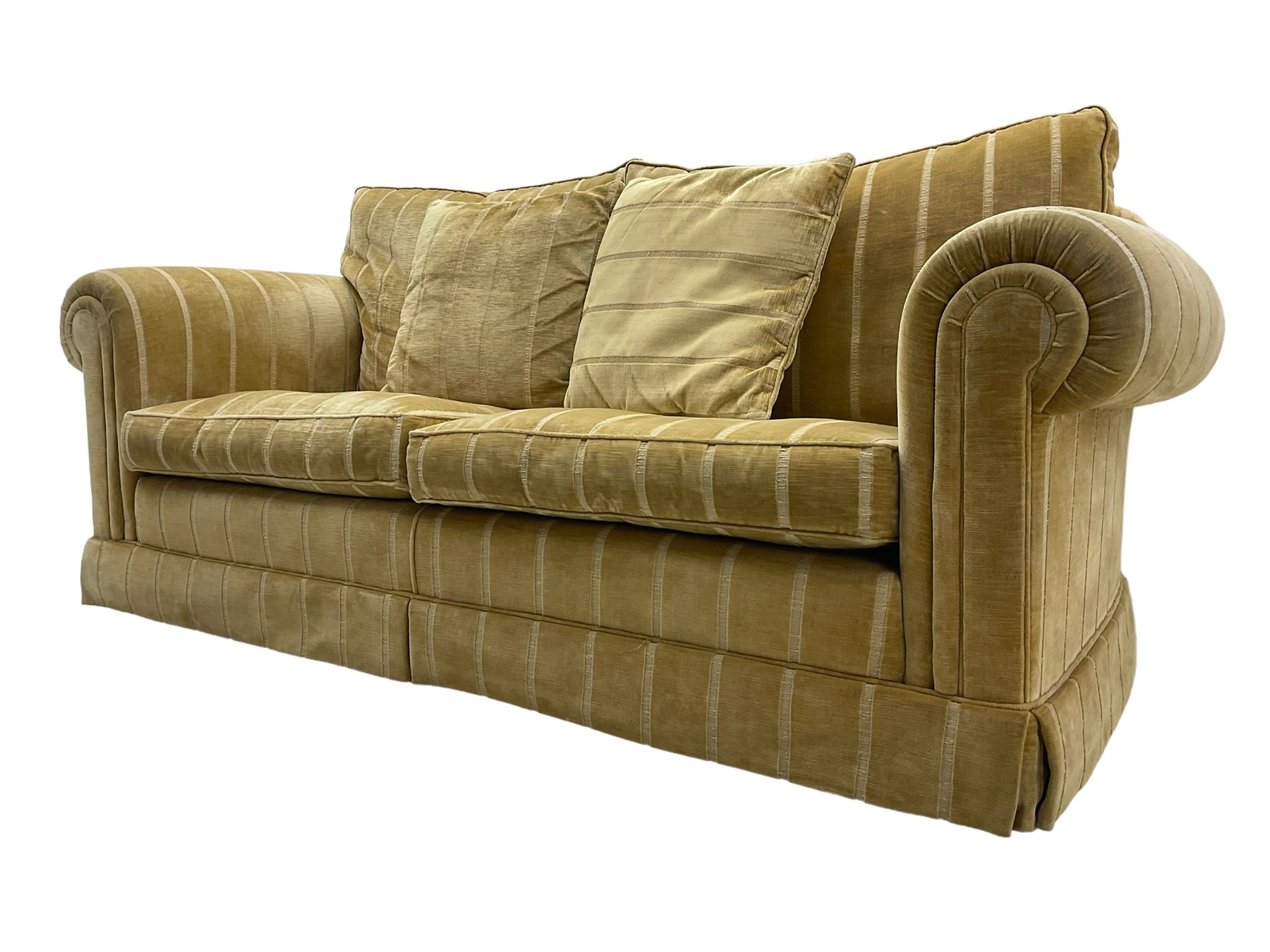 Duresta England - two-seat sofa, upholstered in pale gold fabric, traditional shape with rolled arms