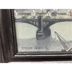 Steven Scholes (Northern British 1952-): 'Tower Bridge - London 1958', oil on canvas signed, titled verso 19cm x 37cm