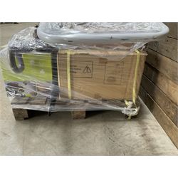 Four pallets of domestic goods to include, cleaning equipment, vacuums, exercise equipment, cooking items, Brother printer, garden loungers, irons and more… approx. 60 items