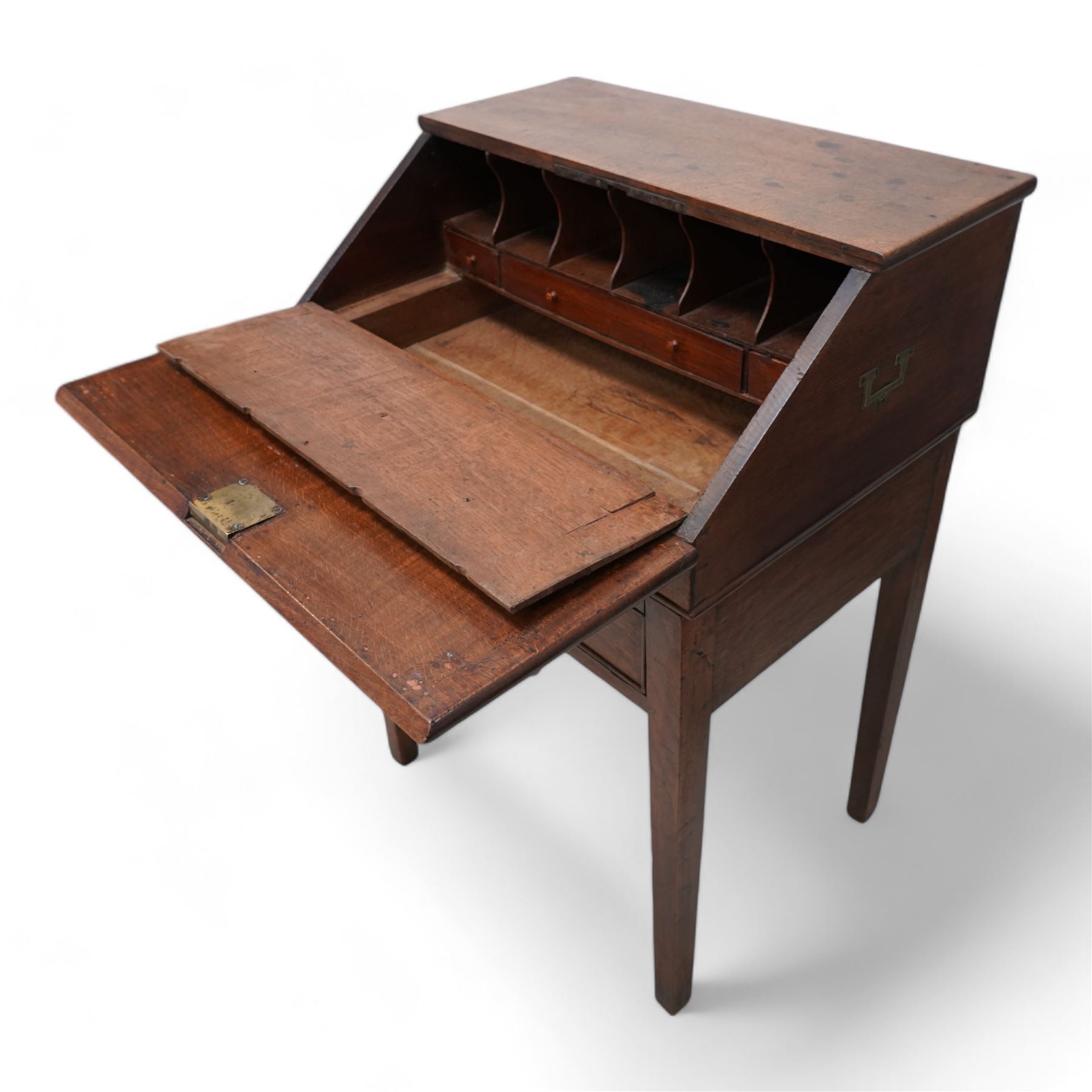 18th century oak campaign bureau, the removable top section enclosed by sloped lid, with fitted interior and carrying handles, on stand fitted with single drawer on square tapering supports