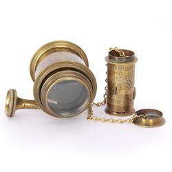 Late 19th century Watkins Exposure Meter, in cylindrical brass case, inscribed Sole Makers R. Field & Co, Birmingham, together with a 19th century brass plate camera lens