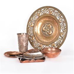 Keswick School of Industrial Arts, flared vase of cylindrical form, together with an Arts and Crafts plated copper, an embossed tray, copper dishes and charger 