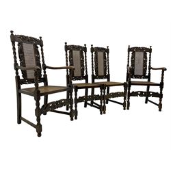 Set of seven (5+2) 19th century Carolean design oak dining chairs, scroll leaf and flower head carved cresting rail over spiral turned uprights and cane work back, the cane work seat on spiral turned supports united by plain stretchers, scrolled leaf carved middle rail 