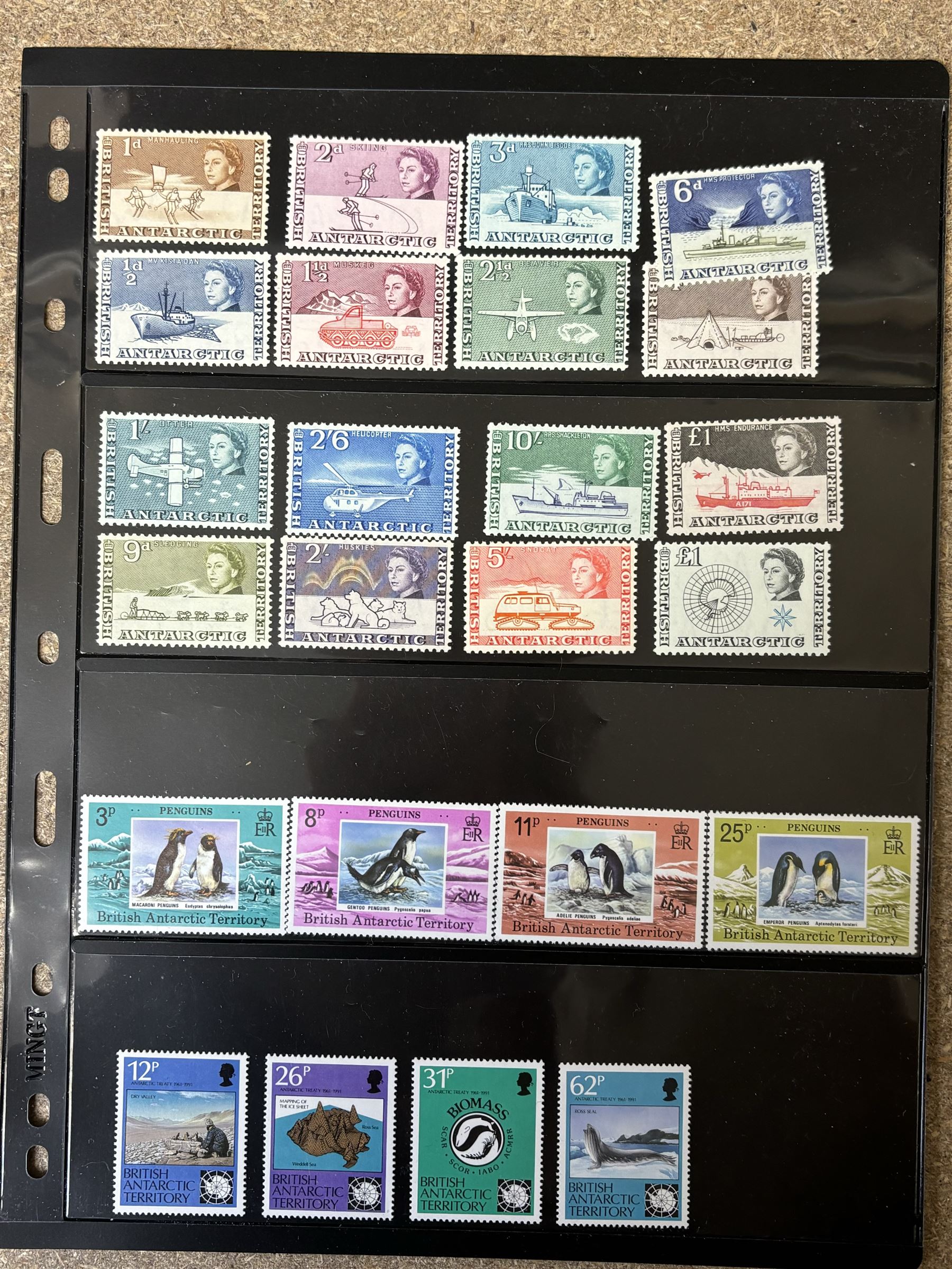 Queen Elizabeth II British Antarctic Territory mint stamps, including 1963-1969 SG 1 to 15a from half penny to both one pound values, 1993 SG 218-229 etc and a small number of Australian Antarctic Territory stamps, housed on stock pages