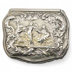 18th century Swedish silver snuff box of serpentine outline, the hinged cover with embossed classical figures, the base engraved 'Anno 1750' and with initials W7cm