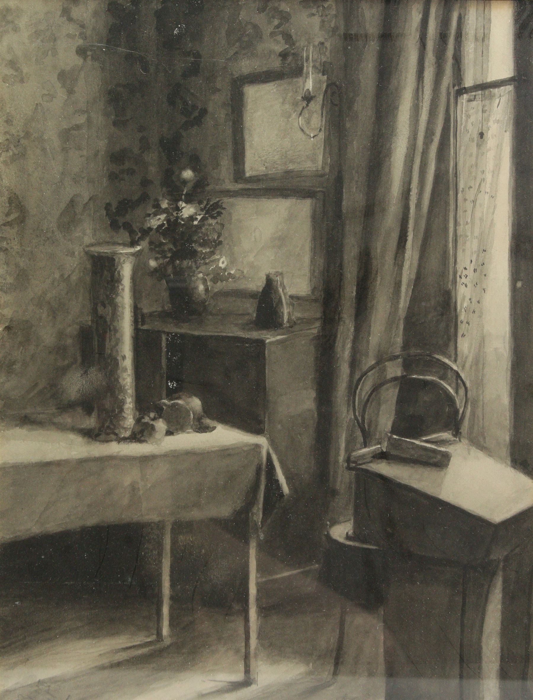 Jean Elspeth Hart (Canadian 19th Century): Interior Study, monochrome watercolour signed 34cm x 26cm