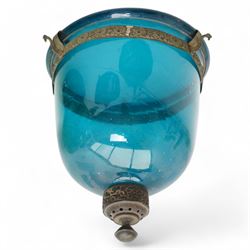 Indian pumpkin Hundi lamp, with Belgian glass shade and Indian metal mounts H29cm  and two blue glass Hundi lamps (3)