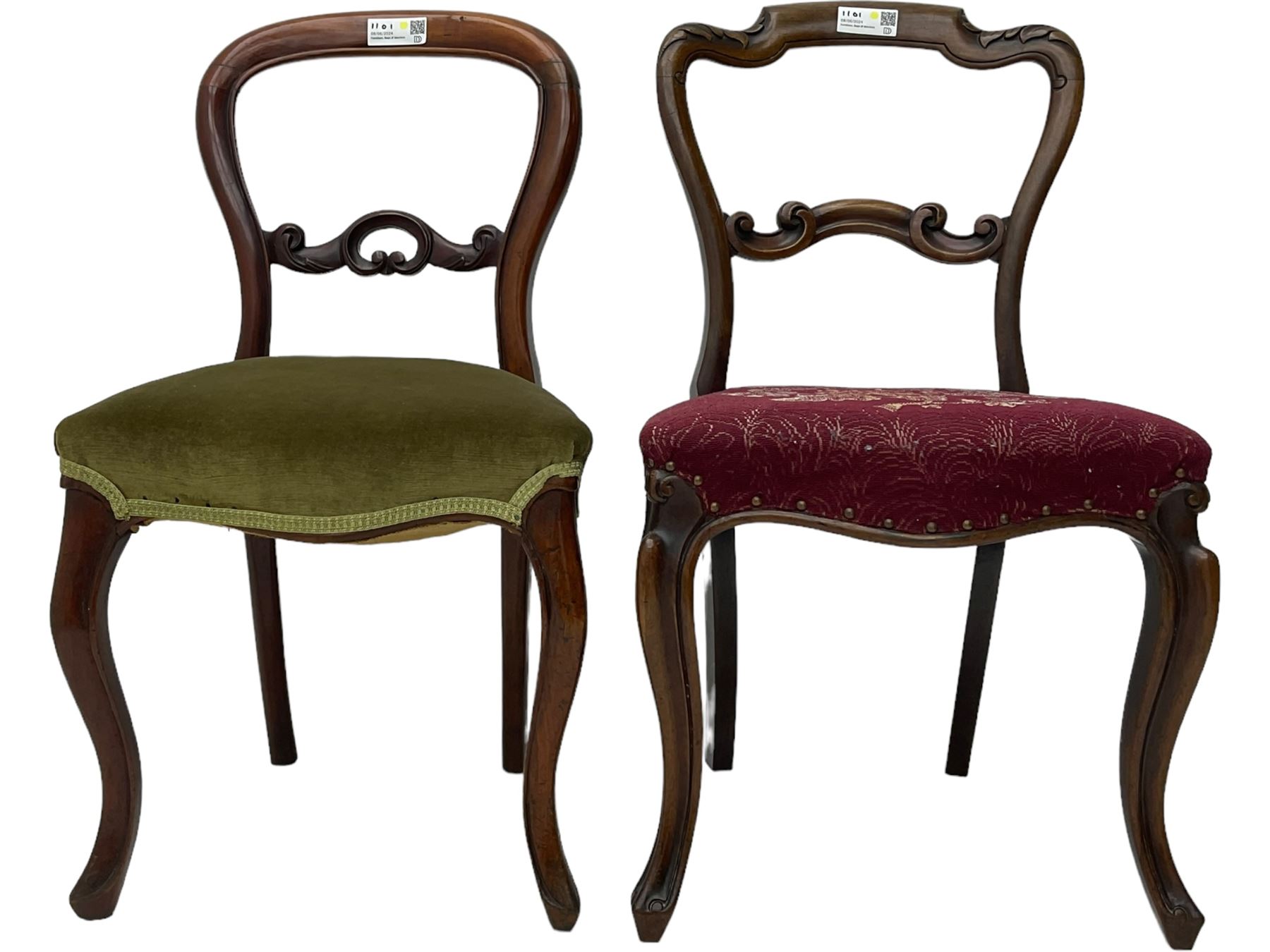 Mixed set of five Victorian chairs - Victorian rosewood dining chair with foliage carved cresting rail; Victorian mahogany balloon back dining chair with foliage carved middle rail; Victorian walnut balloon back dining chair with C-scrolled back; Victorian walnut dining chair with ring and curled leaf carved middle rail; Victorian mahogany balloon back dining chair with C-scroll and foliage carved middle rail (5)