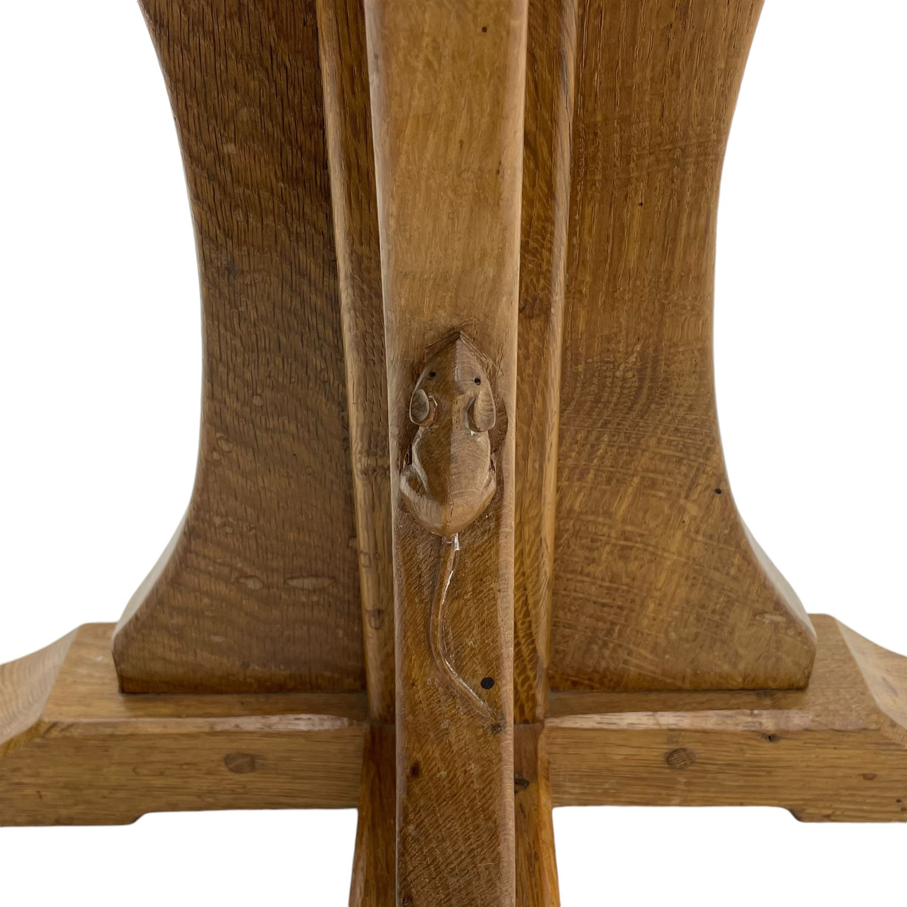 Mouseman - occasional table, adzed octagonal top, cruciform base on sledge feet, carved with mouse signature, by the workshop of Robert Thompson, Kilburn 