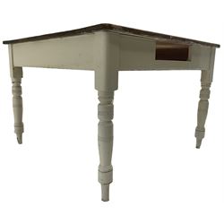 Victorian painted pine kitchen table, polished top on painted base, turned supports