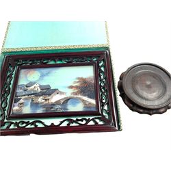 Chinese double sided silk embroidery in pierced wooden frame, boxed, together with a Chine...