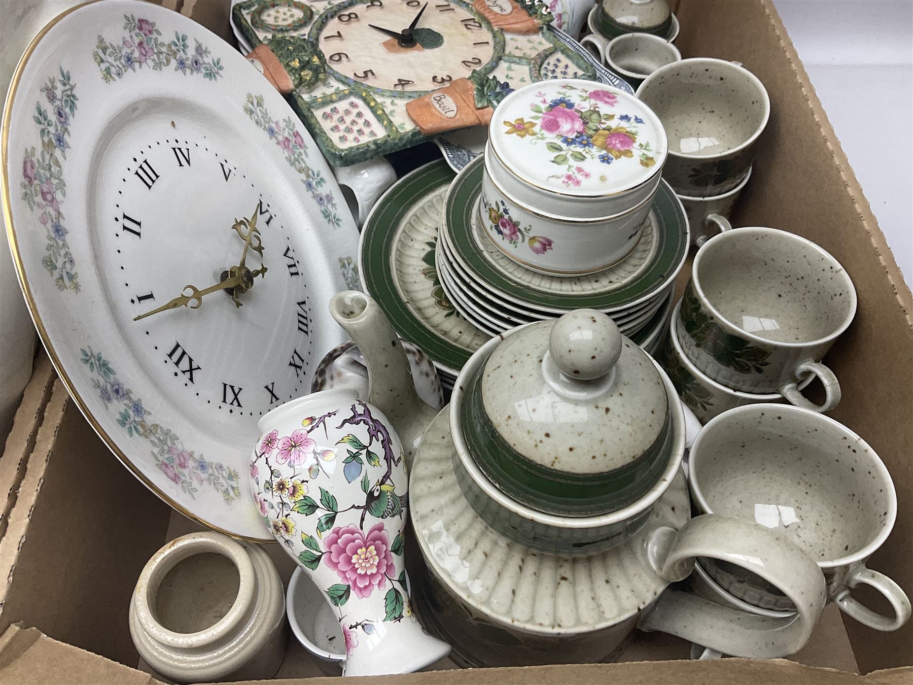 Emma Bridgewater wall clock, Country Artists kingfisher, Wedgwood Charnwood pattern tea service and a large collection of collectors plates and other ceramics and glassware, in six boxes