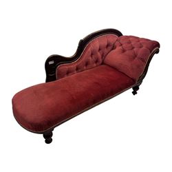 Victorian mahogany framed chaise longue, upholstered in pink velvet, the scrolled back with button-tufting, on turned feet