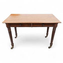 Victorian mahogany side table, moulded rectangular top over two drawers, on rope twist sup...