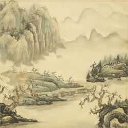 Chinese School (19th century): Mountainous Landscape with Temple and Trees, set three watercolours on silk unsigned 25cm x 25cm (3)