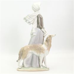 Large Lladro figure of a lady with a Borzoi and holding a parasol H39cm