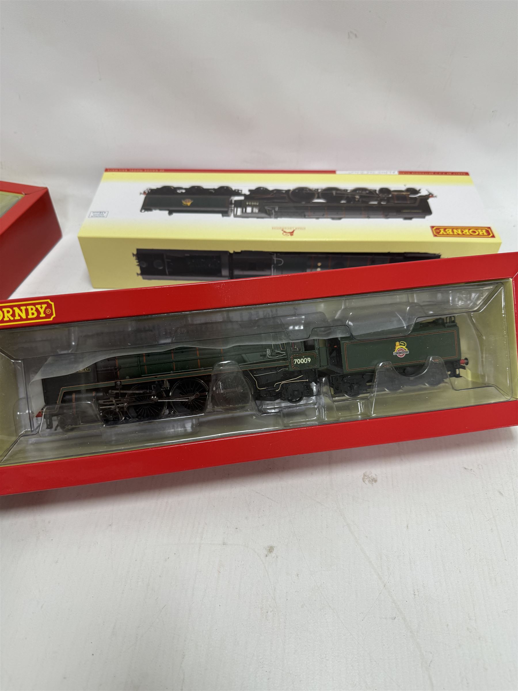 Two Hornby '00' gauge locomotives, comprising R3444 Early BR Britannia Class 4-6-2 locomotive re-worked as Alfred the Great no. 70009 and R3448 BR Class B17 4-6-0 locomotive re-worked as Clumber no. 61620, both boxed