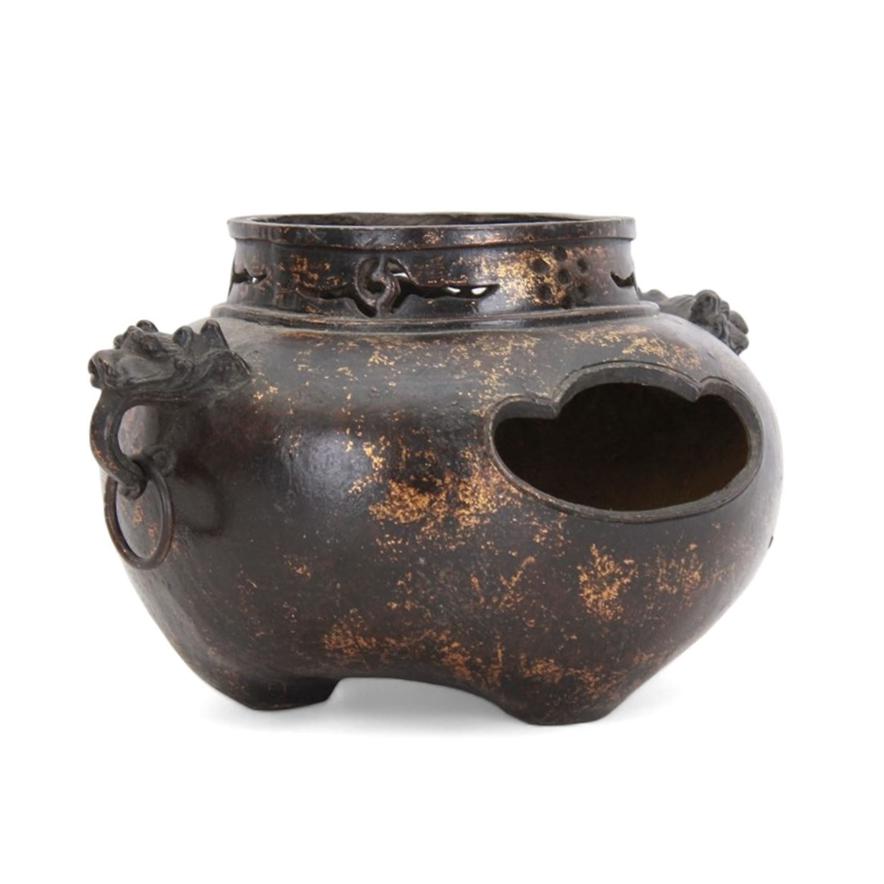 Chinese bronze incense burner, of squat form with mask and tongue handles, H15cm