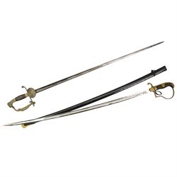 German Army issue sabre by WKC, Solingen with slightly curved blade, brass hilt and wire wound grip with black metal scabbard 80cm blade length and a Continental court sword with engraved blade, gilt metal hilt with tortoiseshell inserts and lion's head pommel 80cm blade length(2)