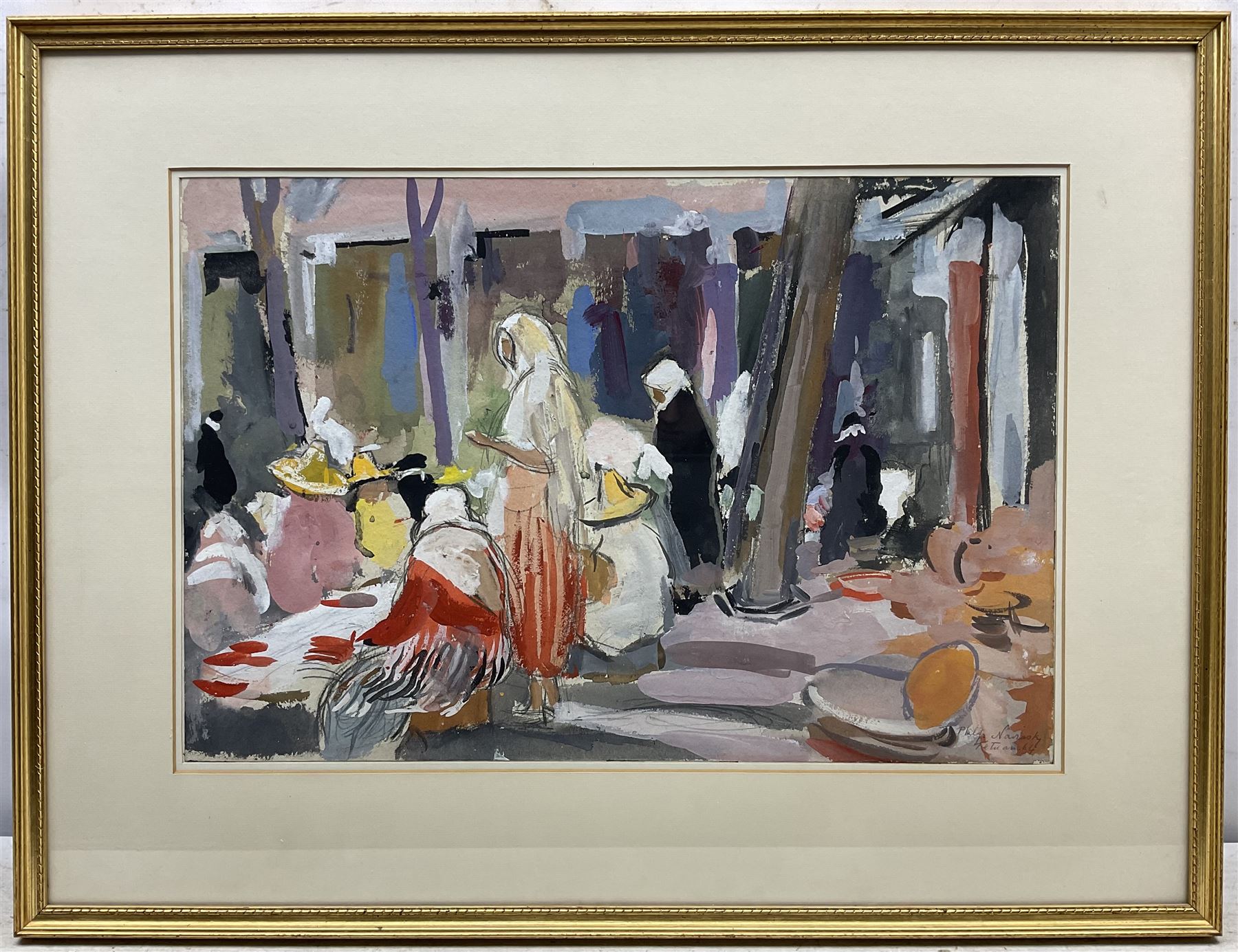 Philip Naviasky (British 1894-1983): 'Tetuan Market' - Madrid, gouache and pencil signed titled and dated '64, 38cm x 57cm