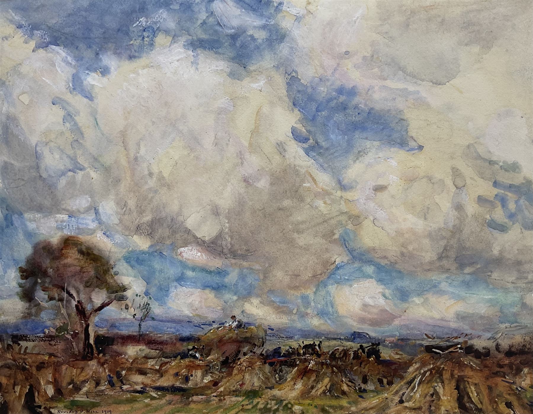 Rowland Henry Hill (Staithes Group 1873-1952): The Hayfield under Heavy Clouds, watercolour and gouache signed and dated 1919 34.5cm x 44.5cm
