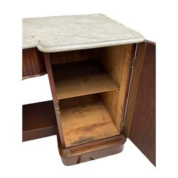 Victorian mahogany washstand table, shaped white marble top with raised back, fitted with shaped bow-front frieze drawer flanked by two cupboards disguised as eight graduating drawers with shell decorated pressed brass handle plates