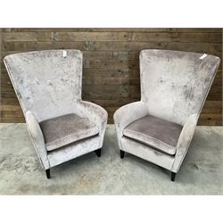 2 x Wing back armchair upholstered in silver crushed velvet fabric