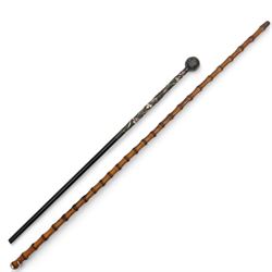 Bamboo walking stick with gold pommel and a Jpanese parasol handle with enamelled decoration (2)