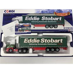 Corgi Eddie Stobart - two Special Edition Hauliers of Renown lorries; CC13749 Scania R Curtainside Trailer and CC15508 Volvo F10 Curtainside; and limited edition Hauliers of Renown CC13801 Mercedes-Benz Actros Fridge Trailer; all boxed (3)