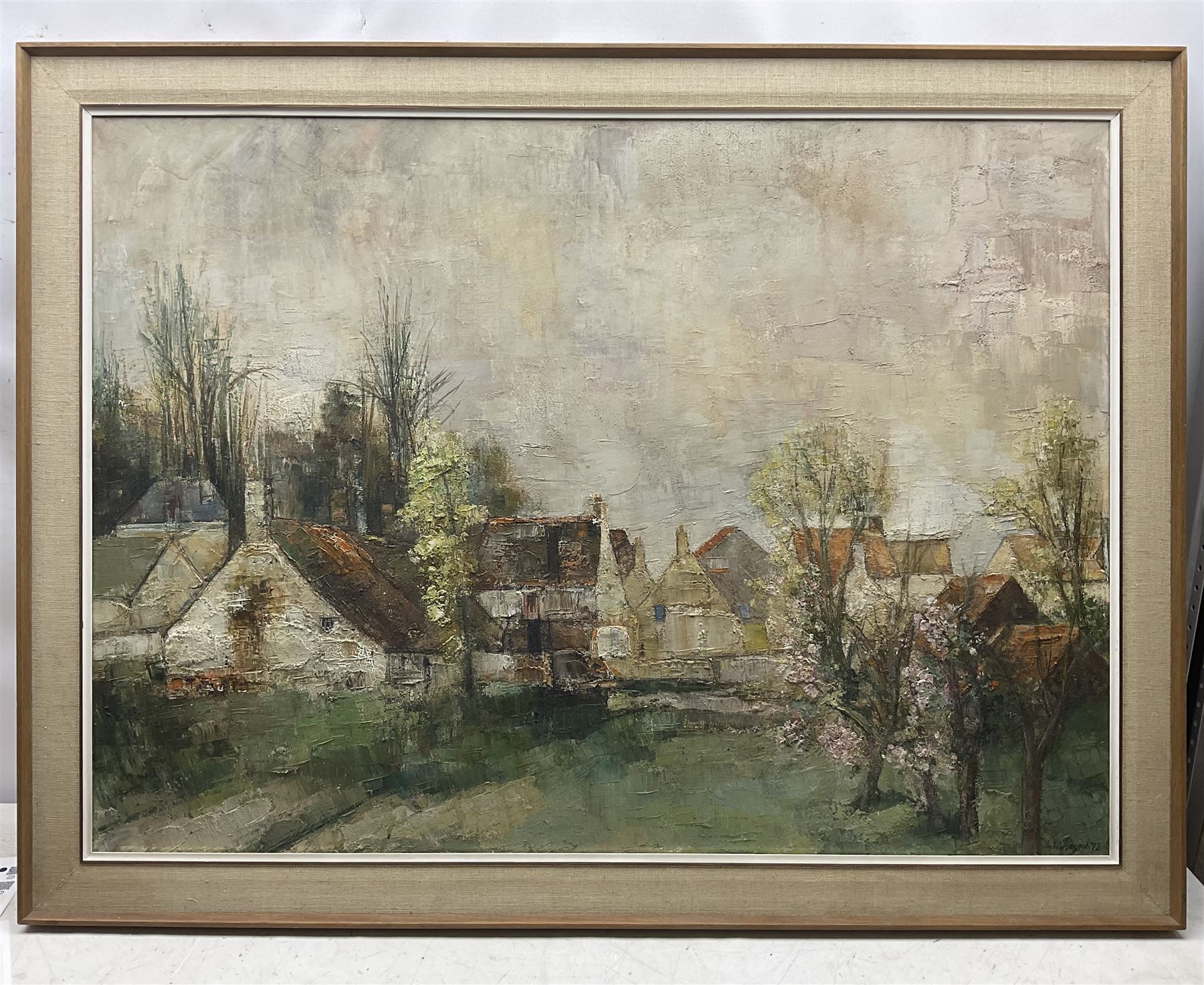 Giulio Bagnoli (Italian 1927-1978): Spring Village Scene, oil on canvas signed and dated '72, 78cm x 108cm 