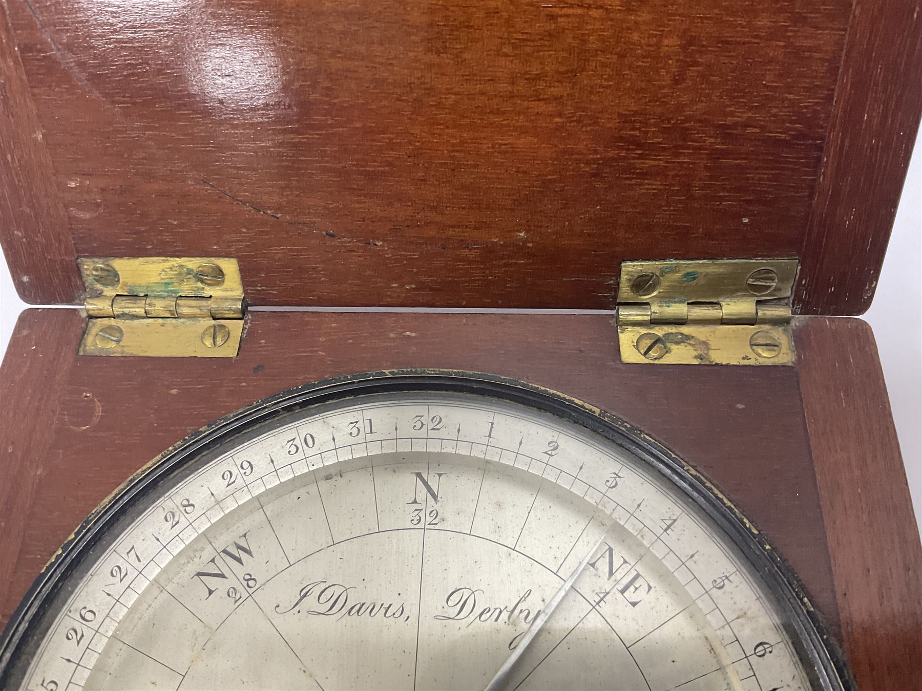 19th century thirty-two point surveyors compass, inscribed J. Davis Derby to the silvered dial, contained within a mahogany case, dial D11cm