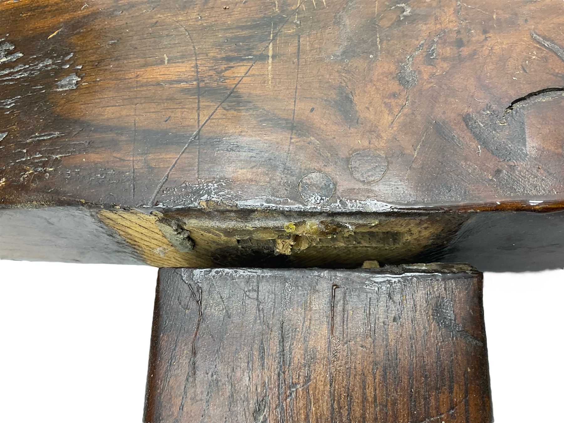 20th century Jacobean design oak refectory dining table, rectangular plank top with cleated ends, on turned supports united by H-stretchers 