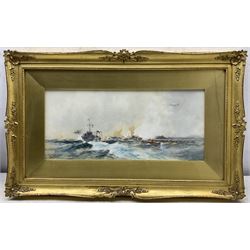 Frank Henry Mason (Staithes Group 1875-1965): 'Picking up Survivors - North Bay Scarborough - Submarine in Sight', watercolour signed, titled on original Henry Whitley & Son label verso 20cm x 45cm