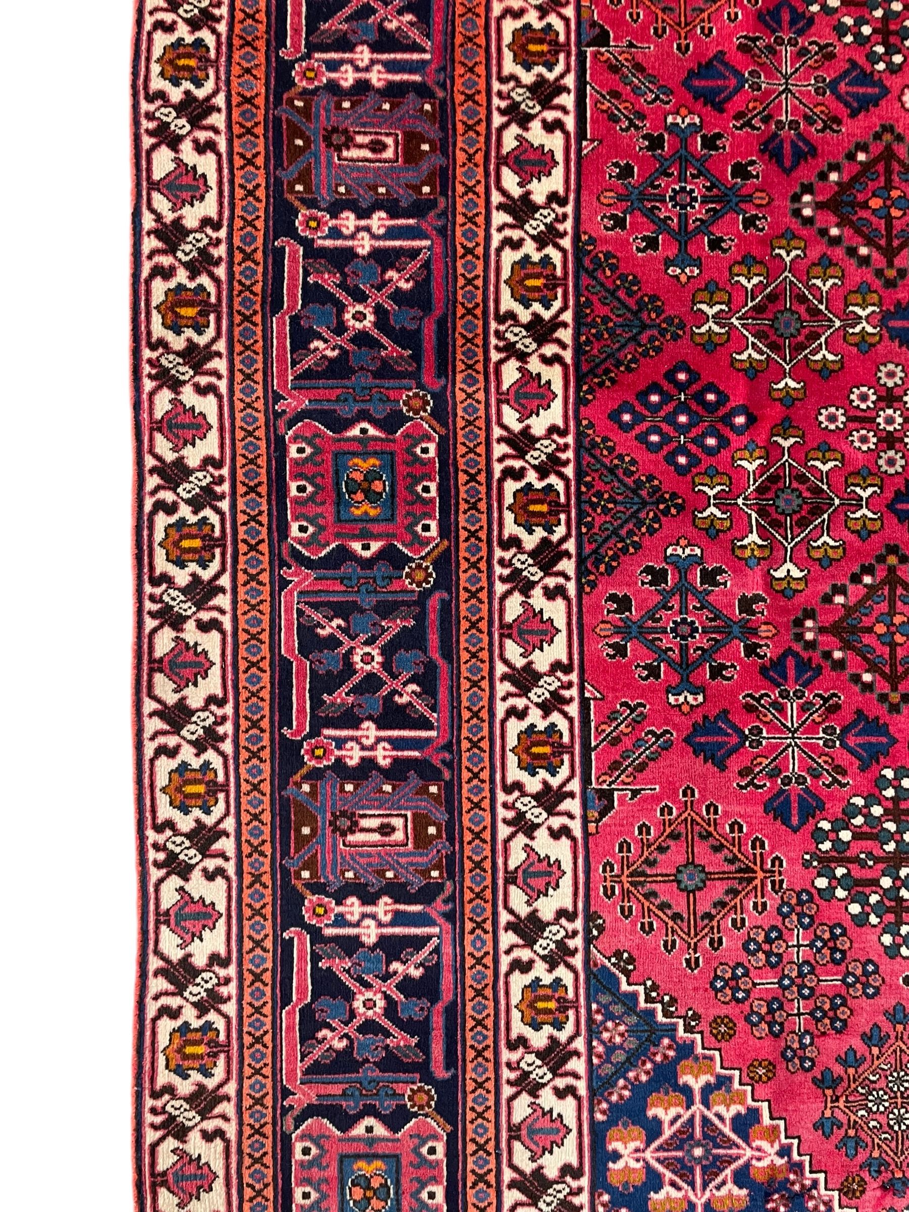 Persian Joshaghan red ground rug, the medallion, field and spandrels decorated with Pitrak and tree of life motifs, the border with repeating design decorated with stylised plant motifs, within guard stripes