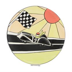 Lorna Bailey prototype charger, decorated with a race car in relief within bright stylised...