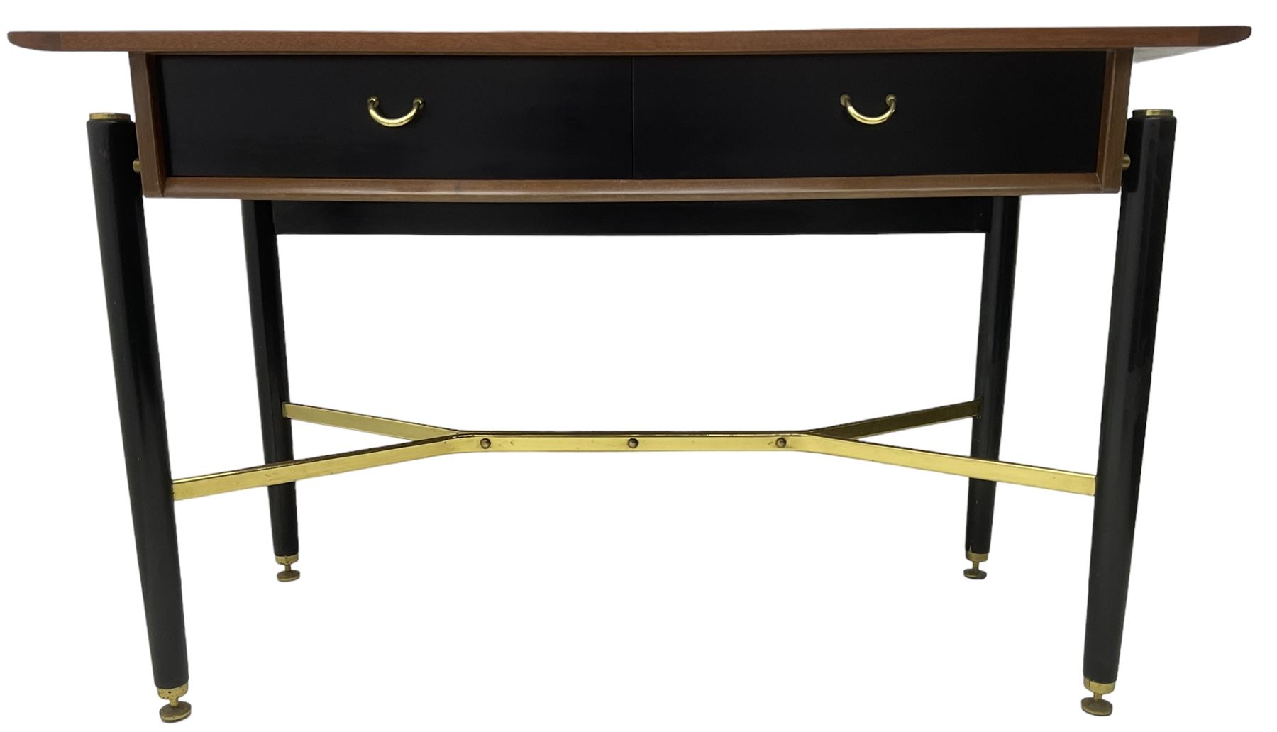 E. Gomme for G-Plan - ‘Librenza’ afrormosia and black finish console, fitted with two drawers, on turned supports united by brass stretchers