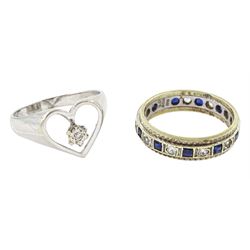 9ct white gold single stone diamond heart ring and a 9ct gold calibre cut sapphire and rou...