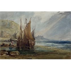 Manner of Henry Barlow Carter (British 1804-1868): Boats Unloading on the Shore, watercolour unsigned, various labels verso 17cm x 24cm