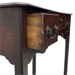 George III mahogany low-boy, moulded rectangular top with rounded front corners, fitted with three cock-beaded drawers, beaded circular brass handle plates and swan neck handles, shaped apron, on square supports with inner chamfer 