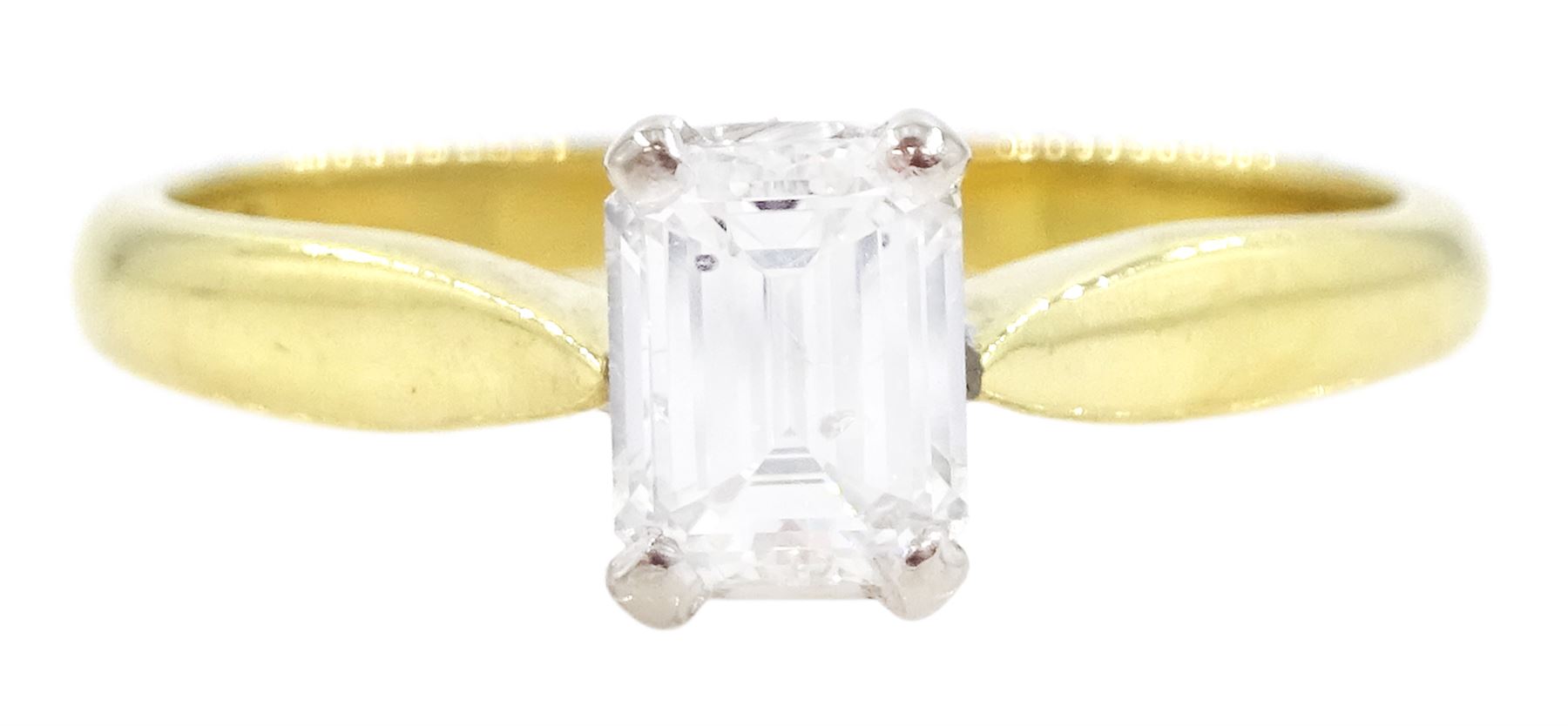 18ct gold single stone emerald cut diamond ring, hallmarked, diamond approx 0.60 carat