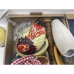 Hen on basket, together with glass vases and bowls, composite figures and other collectables, in four boxes  