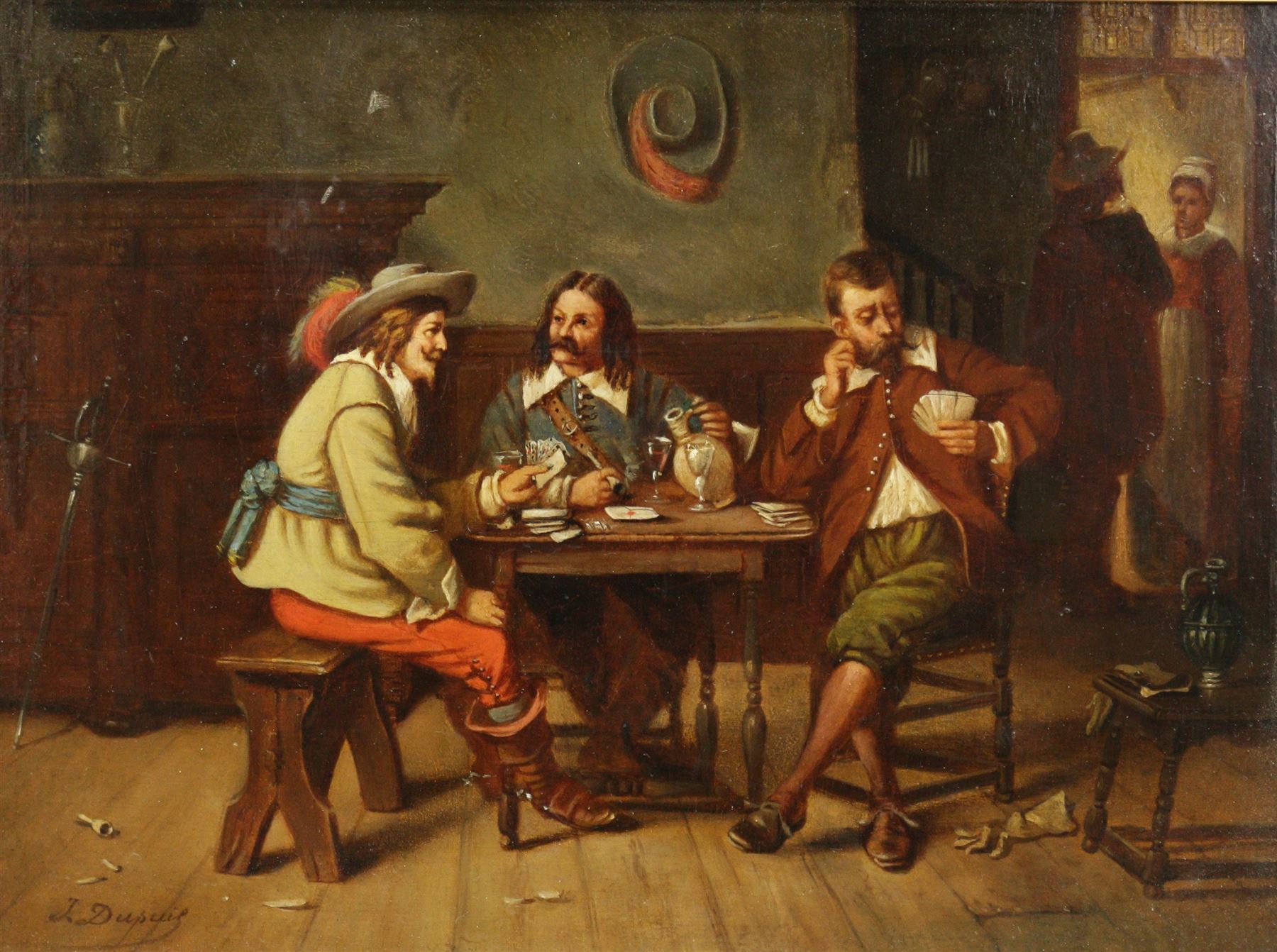 J Dupuis (French 19th Century): A Discussion Over Cards and Wine, oil on panel signed, indistinctly inscribed verso 19cm x 26cm 