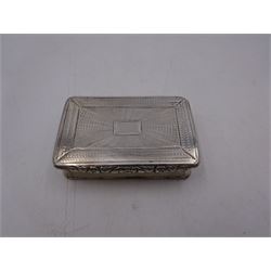 George IV silver snuff box, of rectangular form, with engine turned decoration, chased foliate borders and blank cartouche to centre of hinged cover, opening to reveal a gilt interior, hallmarked John Bettridge, Birmingham 1825, W7.6cm