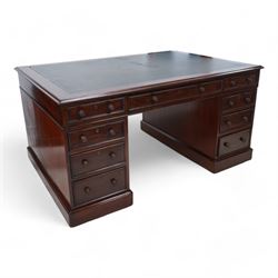 Victorian mahogany twin pedestal desk, moulded rectangular top with leather inset, one sid...